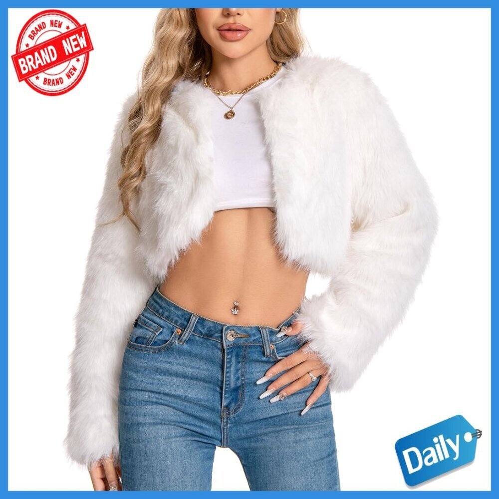 Plus Size Cropped Faux Fur Jacket, Fuzzy Winter Coat, Long Sleeve Outerwear